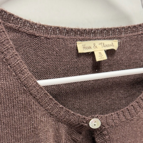 Hem & Thread Cashmere Blend Layered Hem Single Button Brown Cardigan Size M - Picture 2 of 6